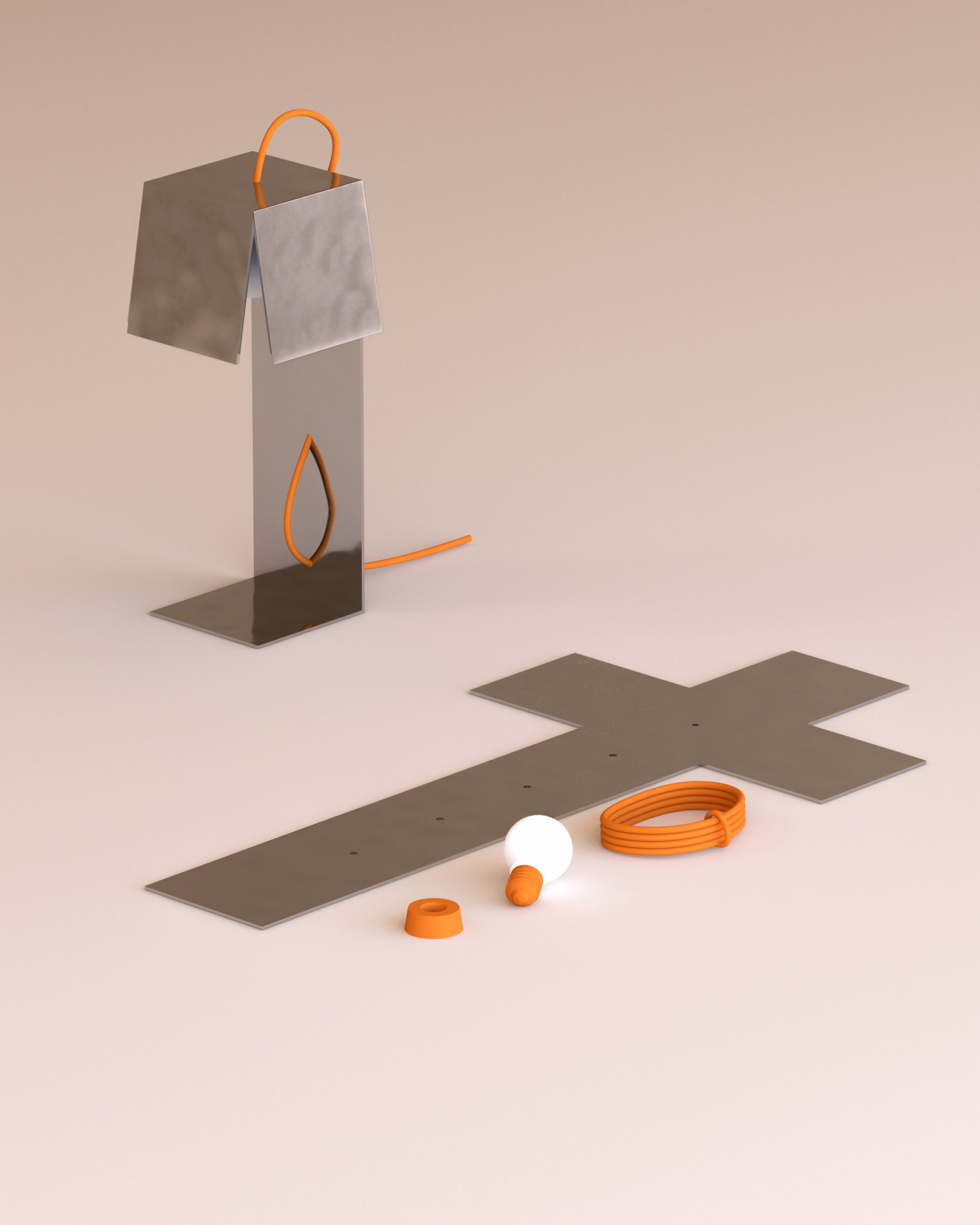 Unik designad bordslampa i brutalistisk stil. Lampa i bockad plåt med en orange tyg kabel