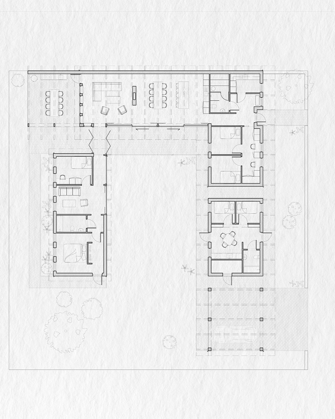 Planritning av arkitektritad villa i tegel inspirerat av 60-talet