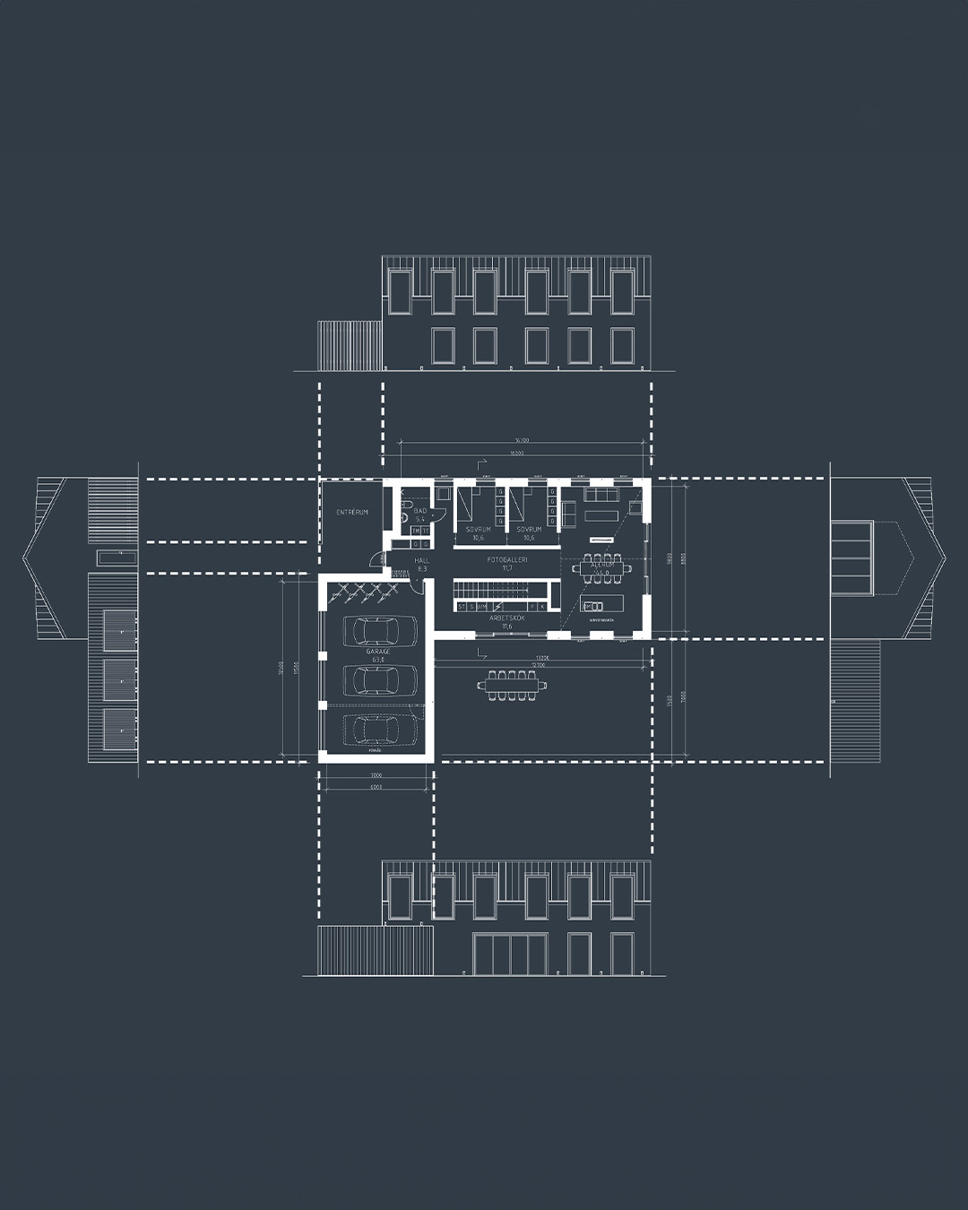 Planritning av arkitektritad villa på på Österlen