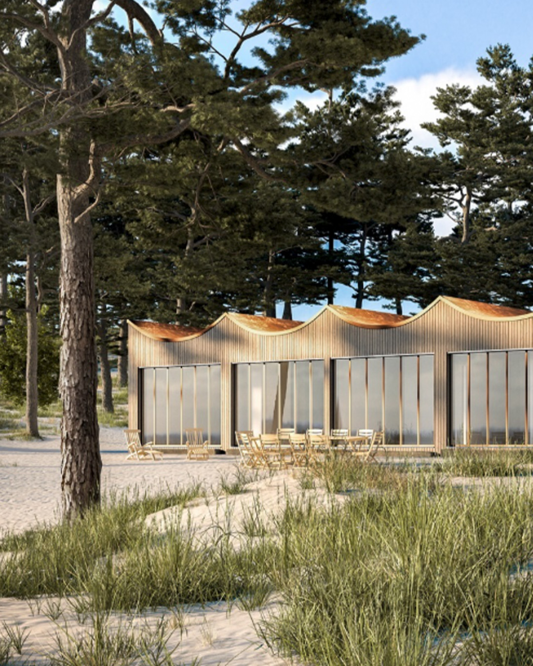 Visualisering av arkitekt ritad villa med tak format som vågor